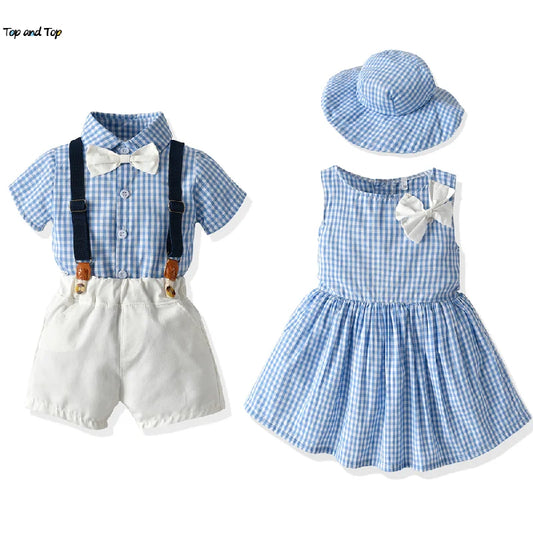 Brother and Sister Baby Matching Outfits Toddler Infant Boys Gentleman Suit+Princess Girls Tutu Dress Plaid outfit
