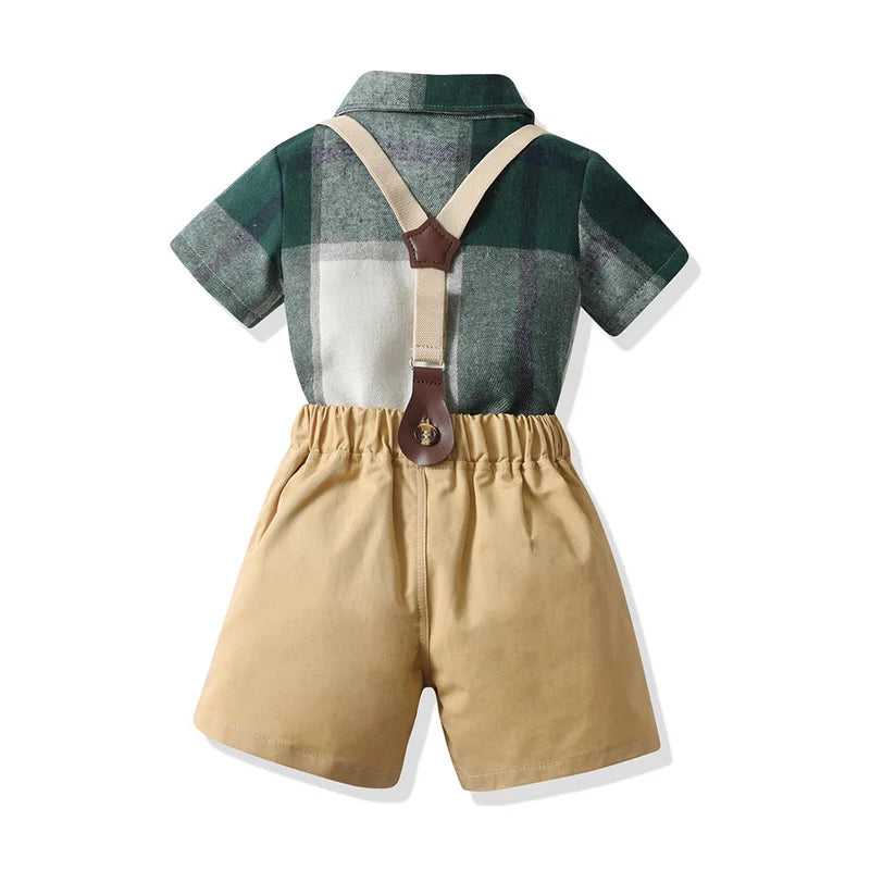 Summer New Toddler Kids Boys Gentleman Clothing Sets Short Sleeve Plaid Bowtie Shirts Tops+Suspenders Shorts Outfits