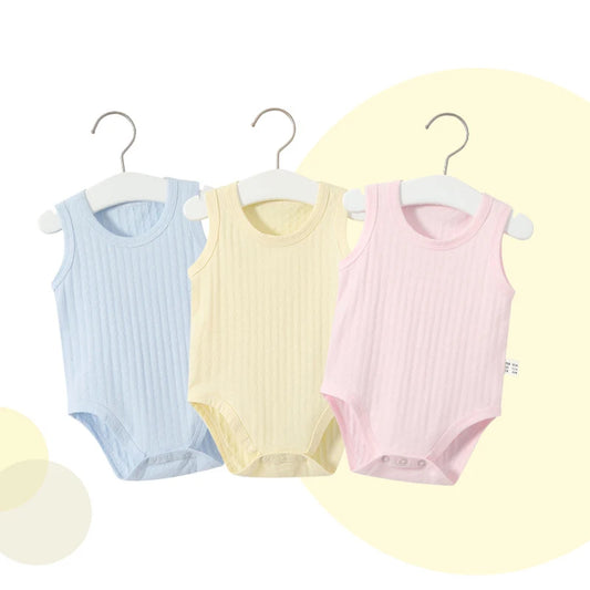 2pcs/Set Summer Newborn Bebe Unisex Romper Babies Clothes Sleeveless Solid Color Romper Thin Pure Cotton Vest Jumpersuit 0-24M