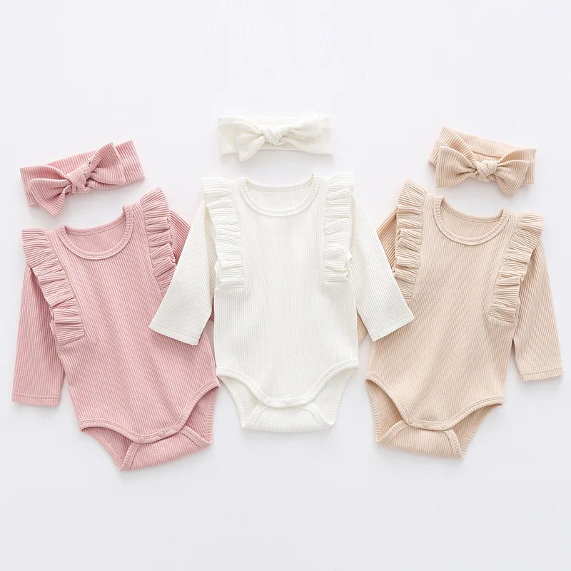 Newborn Infant Baby Girls Romper + Headband Muslin Ruffle Long Sleeve Rompers Kids Onepiece Cotton Baby Clothing Garment