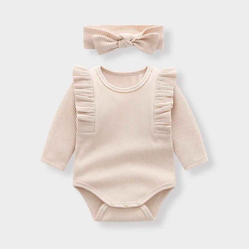 Newborn Infant Baby Girls Romper + Headband Muslin Ruffle Long Sleeve Rompers Kids Onepiece Cotton Baby Clothing Garment