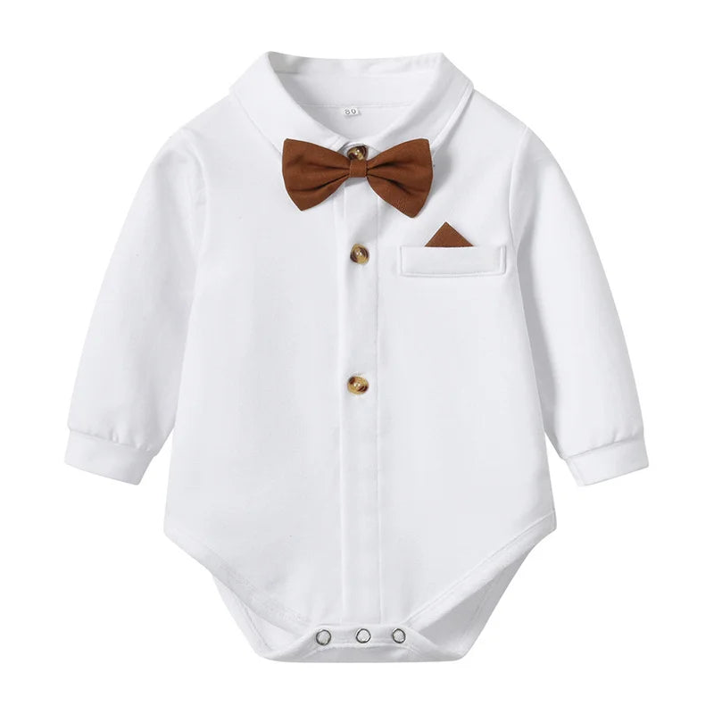 Baby Boys Gentleman Clothing Sets Long Sleeve Bowtie Romper Shirts+Suspenders Pants Outfits